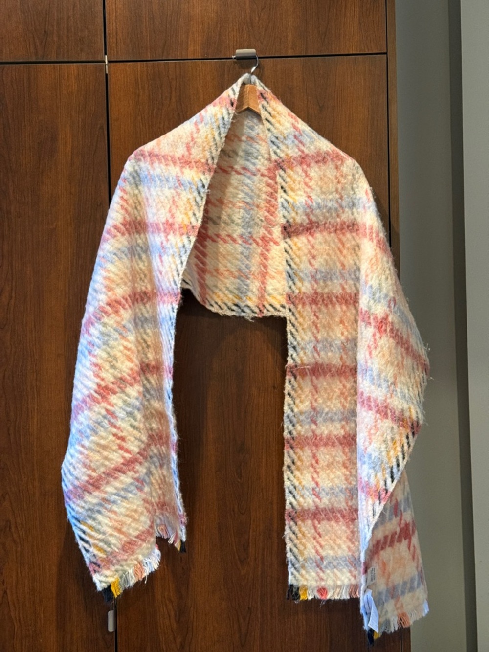 Anthropologie Pastel Plaid Fringe Scarf in Pink, Blue & Cream